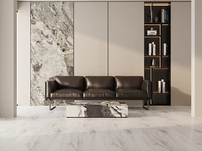 Brown Leather Three Seater Sofa In Modern Living Room With Marble Coffee Table And Bookshelf 3d model