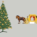 Festive Garden Landscape With Yellow Carriage Brown Horse And Decorated Christmas Tree