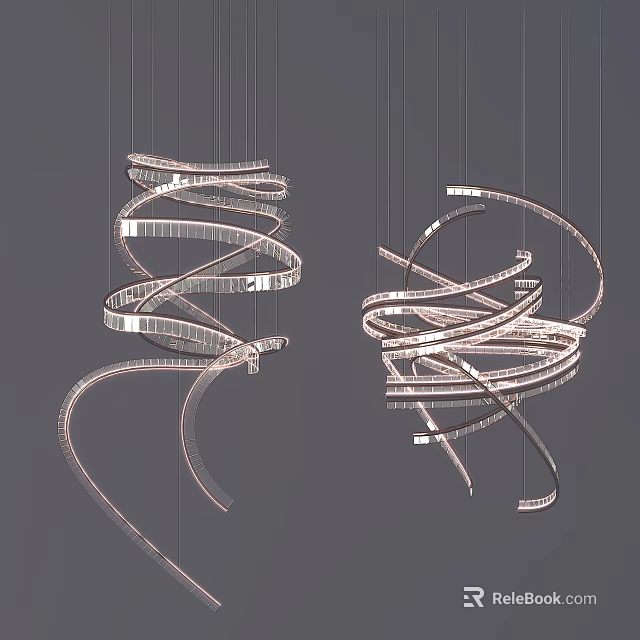 Modern Spiral Chandeliers With Sleek Metallic Lines Two Contemporary Hanging Lighting Fixtures 3d model 