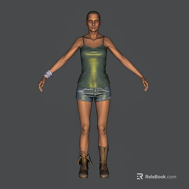 Woman With Green Tank Top Denim Shorts White Wristband Brown Boots And Arms Outstretched 3d model 