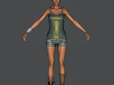 Woman With Green Tank Top Denim Shorts White Wristband Brown Boots And Arms Outstretched 3d model