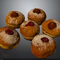 Six Fresh Donuts With Red Jam Topping And Powdered Sugar On Gray Background