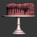 Layered Pink Cake With Flower Decorations And Chocolate Drizzle On Pink Stand