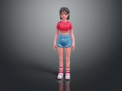 Woman in Red Cropped Top Blue Denim Shorts Red White Striped Socks and White Sneakers 3d model