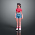 Woman in Red Cropped Top Blue Denim Shorts Red White Striped Socks and White Sneakers