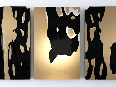 Modern Black and Gold Abstract Wall Art with Three Panel Design 3d model