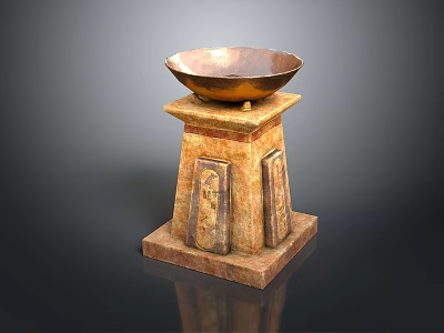 Carved Stone Stool With Square Base Intricate Patterns And Brass Bowl On Top 3d model