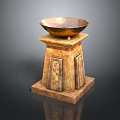 Carved Stone Stool With Square Base Intricate Patterns And Brass Bowl On Top