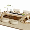 Natural Wooden Tea Table and Chairs with Upholstered Seats Vase Plant Tea Set and Cushions