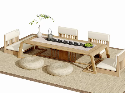 Natural Wooden Tea Table and Chairs with Upholstered Seats Vase Plant Tea Set and Cushions 3d model