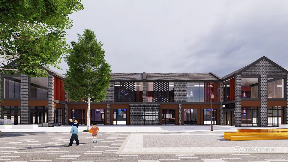 Traditional And Modern Commercial Street With Open Square Green Trees And People Walking 3d model 