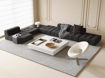 Black L Shaped Sofa White Coffee Table Set with Pillows Throw Blanket and Decorative Bowl 3d model