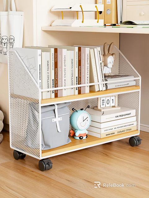 Stylish Decorative Ornaments Collection on Metal Mesh Bookshelf with Rabbit Figurine Books Clock and Gray Bag 3d model 