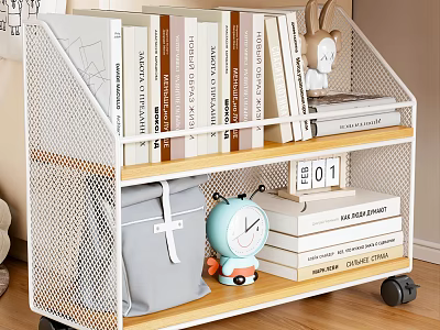 Stylish Decorative Ornaments Collection on Metal Mesh Bookshelf with Rabbit Figurine Books Clock and Gray Bag 3d model