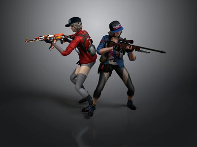 Two Women In Red And Blue Tactical Outfits Holding Rifles As Game Characters 3d model