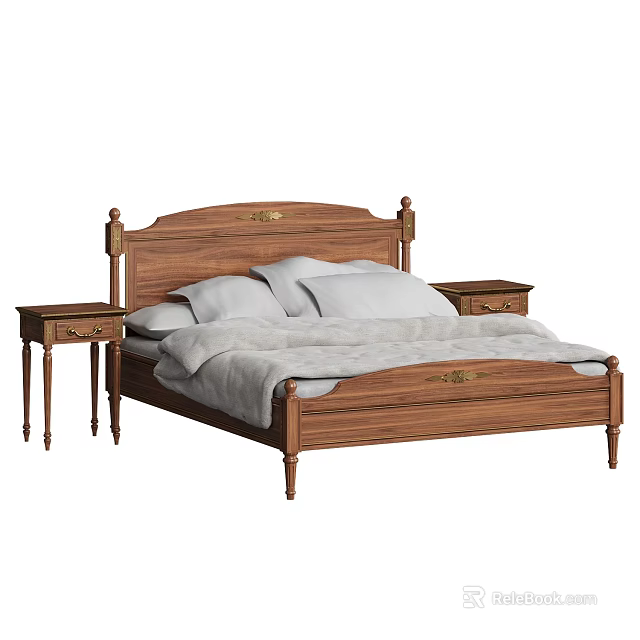 Elegant Wooden Double Bed with Ornate Headboard and Matching Nightstands Featuring White Bedding 3d model 