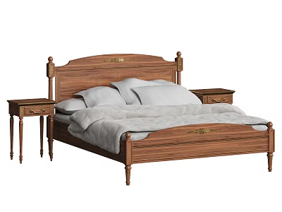 Elegant Wooden Double Bed with Ornate Headboard and Matching Nightstands Featuring White Bedding 3d model