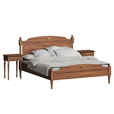 Elegant Wooden Double Bed with Ornate Headboard and Matching Nightstands Featuring White Bedding 3d model