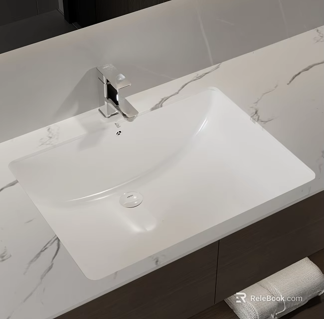 Sleek White Rectangular Washbasin With Modern Silver Faucet On Marble Bathroom Countertop 3d model 