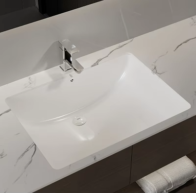 Sleek White Rectangular Washbasin With Modern Silver Faucet On Marble Bathroom Countertop 3d model