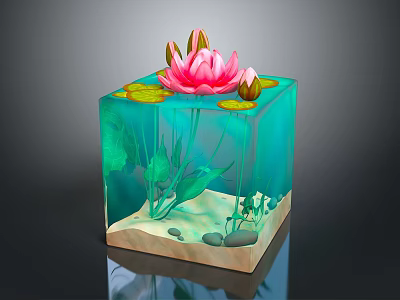 Transparent Cube Container With Pink Water Lily Green Lotus Leaves Aquatic Plants Sand And Pebbles 3d model