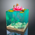 Transparent Cube Container With Pink Water Lily Green Lotus Leaves Aquatic Plants Sand And Pebbles