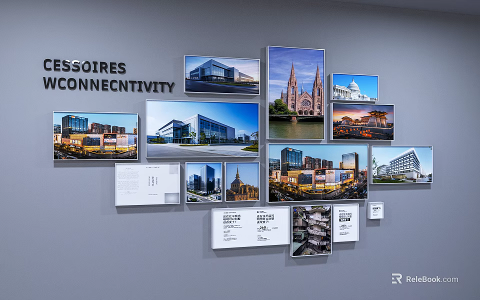 Wall Frames Display Architectural Photos Arranged with Information Cards on Gray Wall 3d model