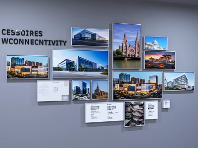 Wall Frames Display Architectural Photos Arranged with Information Cards on Gray Wall 3d model