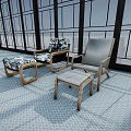 Modern Single Sofa With Black White Patterned Fabric Wooden Frame Ottoman And Geometric Floor
