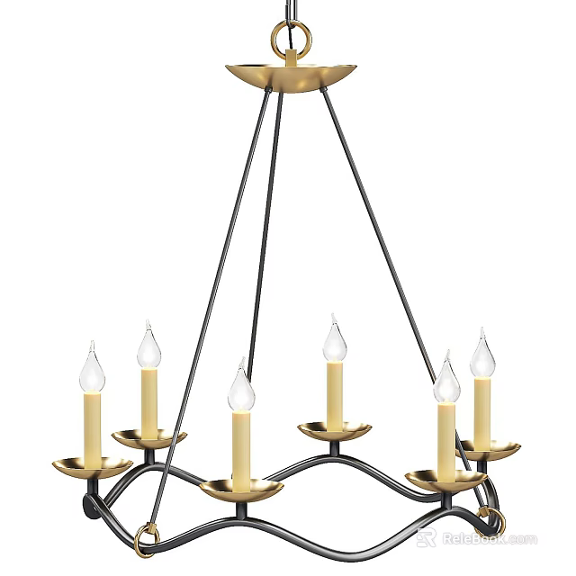Stylish Chandelier With Candle Shaped Lights And Gold Black Metal Frame 3d model 
