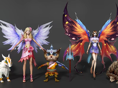 Game And Movie Characters Including Winged Females Cat Warrior White Wolf And Hedgehog Creature 3d model