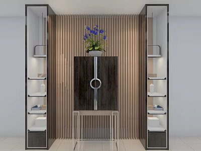 Modern Console Cabinet And Side Cabinet Design With Wooden Panel Shelves And Decorative Plant 3d model