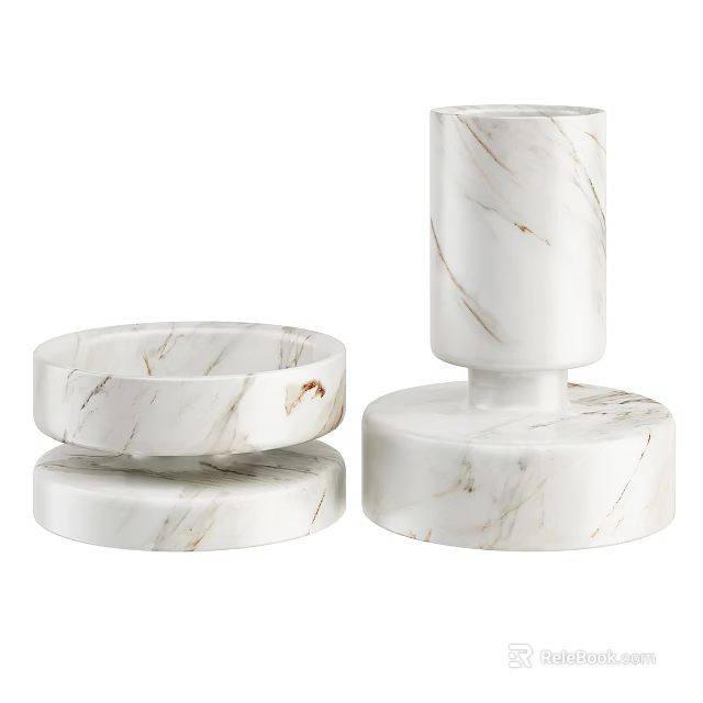 Elegant White Marble Decorative Ornament Set with Stacked Circular Trays and Cylindrical Stand 3d model 
