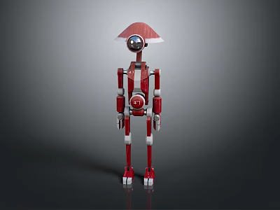 Red And White Robot Character With Hat Shaped Head Circular Eye And Mechanical Body Design 3d model