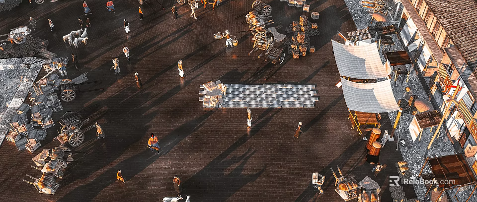 Overhead View Of Ancient Market Scenery With Stone Pavement People Stalls And Traditional Buildings 3d model 
