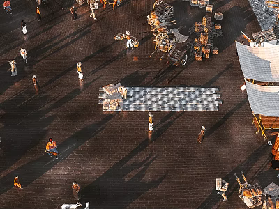 Overhead View Of Ancient Market Scenery With Stone Pavement People Stalls And Traditional Buildings 3d model