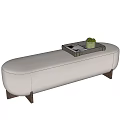 Modern Light Beige Fabric Sofa Bench with Wooden Legs and Decorative Tray Holding Green Plants