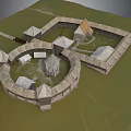 Ancient Castle Fortress Structure With Circular Fort And Square Buildings And Towers