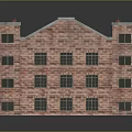 Red Brick Industrial Factory Building With Multiple Windows And Blue Roof Structure