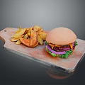 Juicy Hamburger With Cheese Patty And Fresh Vegetables Served With Crispy Fries On Wooden Board