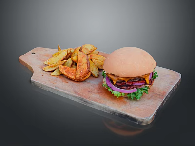 Juicy Hamburger With Cheese Patty And Fresh Vegetables Served With Crispy Fries On Wooden Board 3d model