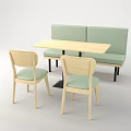 Light Green Upholstered Bench With Light Wood Rectangular Table And Wooden Dining Chairs 3d model