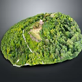 Scenic Green Forest Landscape With Winding Path Leading To Small Chapel On Hill