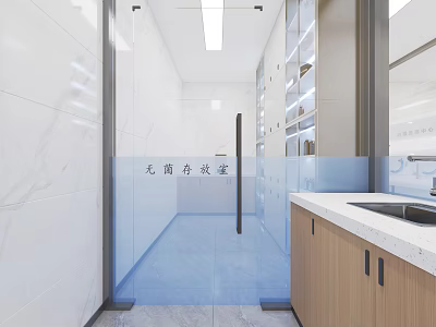 Hospital Outpatient Aseptic Storage Interior with White Tiled Walls Glass Door Blue Floor Wooden Cabinets 3d model