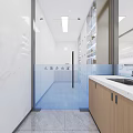 Hospital Outpatient Aseptic Storage Interior with White Tiled Walls Glass Door Blue Floor Wooden Cabinets