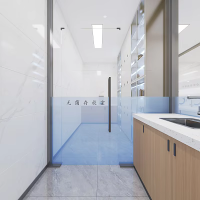 Hospital Outpatient Aseptic Storage Interior with White Tiled Walls Glass Door Blue Floor Wooden Cabinets 3d model