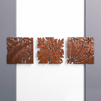 Copper Colored Square Carvings With Feather Leaf Plant Patterns On White And Gray Wall 3d model