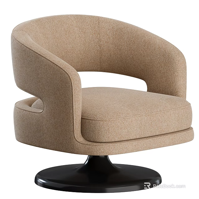 Modern Beige Upholstered Accent Chair With Curved Armrests And Round Black Base 3d model 
