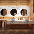 Modern Public Restroom With Wooden Walls Cubicles Sinks And Mirrors