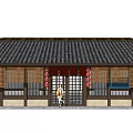 Traditional Commercial Complex With Black Tile Roof Stone Wall Bamboo Curtain Windows And Red Lanterns